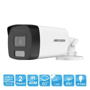Hikvision DS-2CE17D0T-EXLF, camera ColorVu Full HD 2MP, đèn LED trắng 40m, CMOS siêu nhạy sáng, quan sát ban đêm rực rỡ, IP67 chống nước, hỗ trợ 4 tín hiệu TVI/AHD/CVI/CVBS
